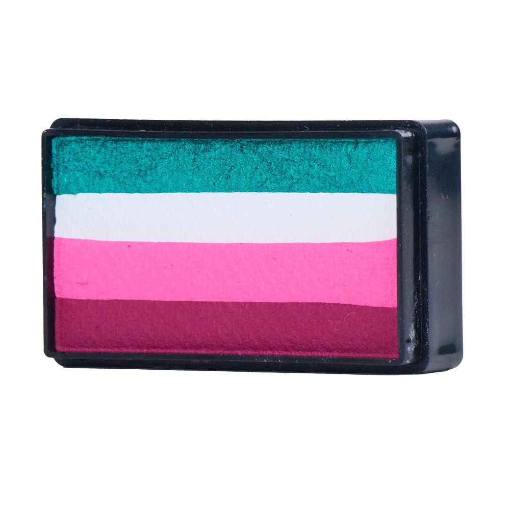 Compact, multi-color face paint cakes for brush application, ideal for vibrant, detailed designs in one stroke.