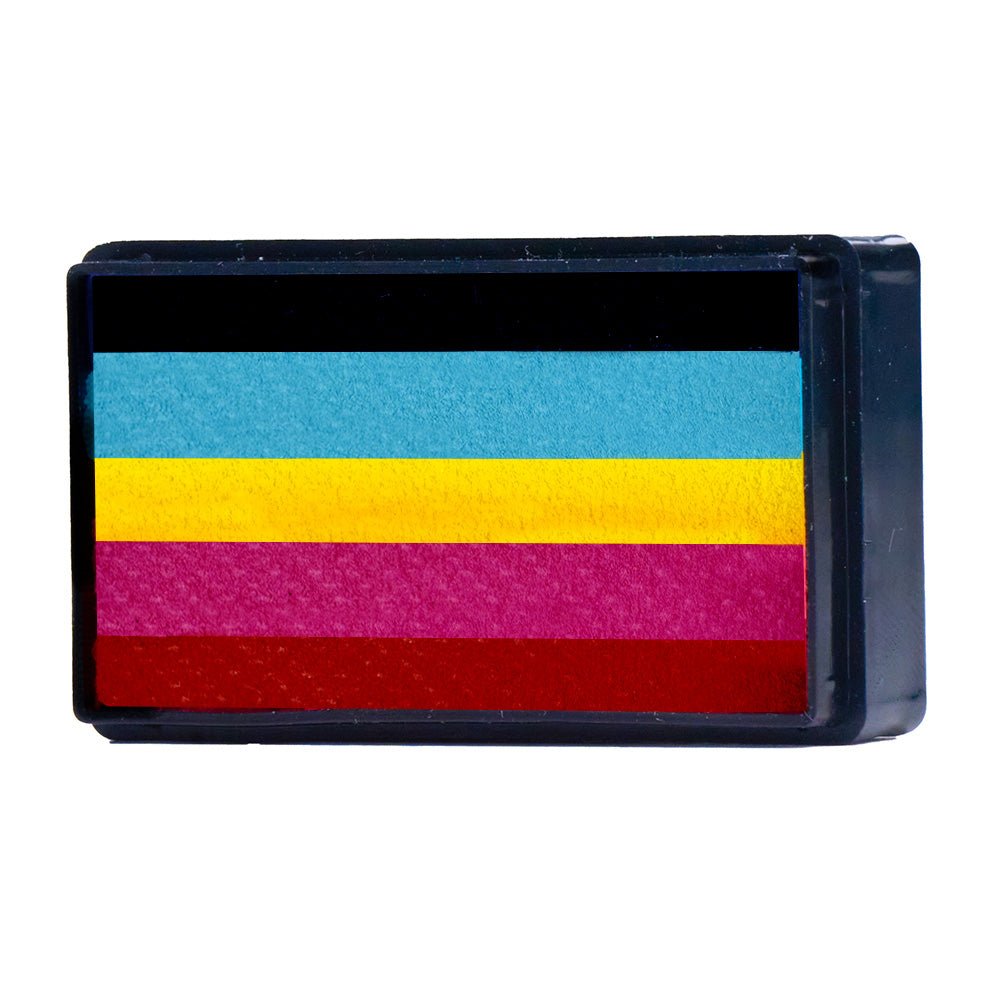 Compact, multi-color face paint cakes for brush application, ideal for vibrant, detailed designs in one stroke.