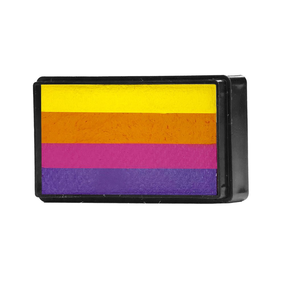 Compact, multi-color face paint cakes for brush application, ideal for vibrant, detailed designs in one stroke.