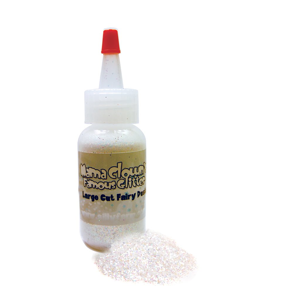 Mama Clown glitter adds sparkle to face and body art, available in a variety of colors. Comes in a 1oz poofer or jar, safe for lips and skin, and can be applied dry or mixed with gel. Choose transparent for a subtle shine or opaque metallic for bold coverage