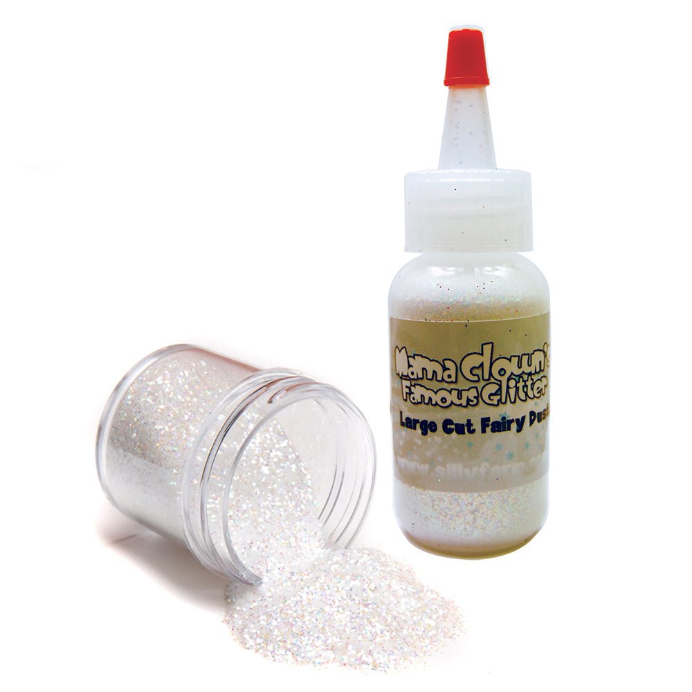 Mama Clown glitter adds sparkle to face and body art, available in a variety of colors. Comes in a 1oz poofer or jar, safe for lips and skin, and can be applied dry or mixed with gel. Choose transparent for a subtle shine or opaque metallic for bold coverage