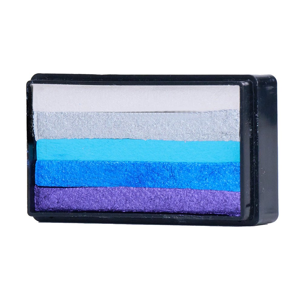 Compact, multi-color face paint cakes for brush application, ideal for vibrant, detailed designs in one stroke.