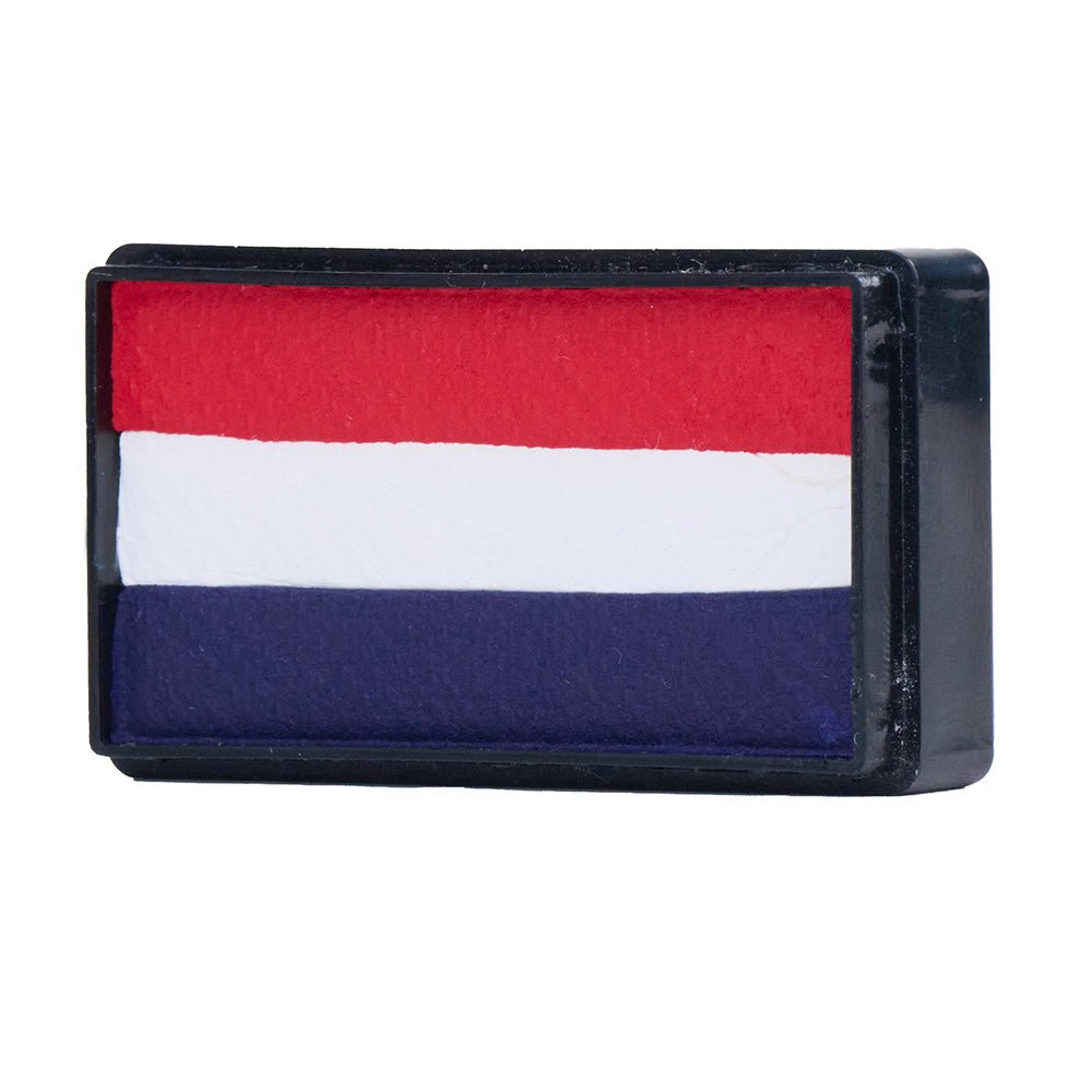 Compact, multi-color face paint cakes for brush application, ideal for vibrant, detailed designs in one stroke.