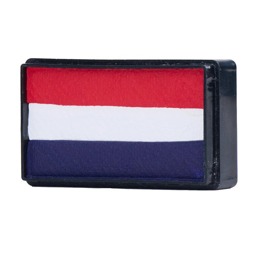 Compact, multi-color face paint cakes for brush application, ideal for vibrant, detailed designs in one stroke.