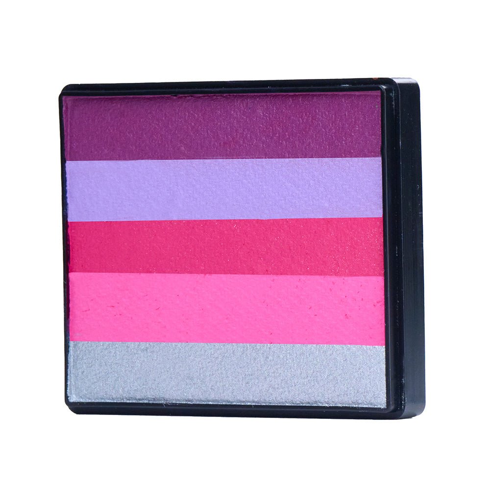 Image of a Rainbow Face Paint Cake featuring a palette of bright colors arranged in stripes. Designed for easy application, this face paint allows artists to create bold, blended, multi-color designs with a single swipe. Ideal for a variety of themes and festive occasions.