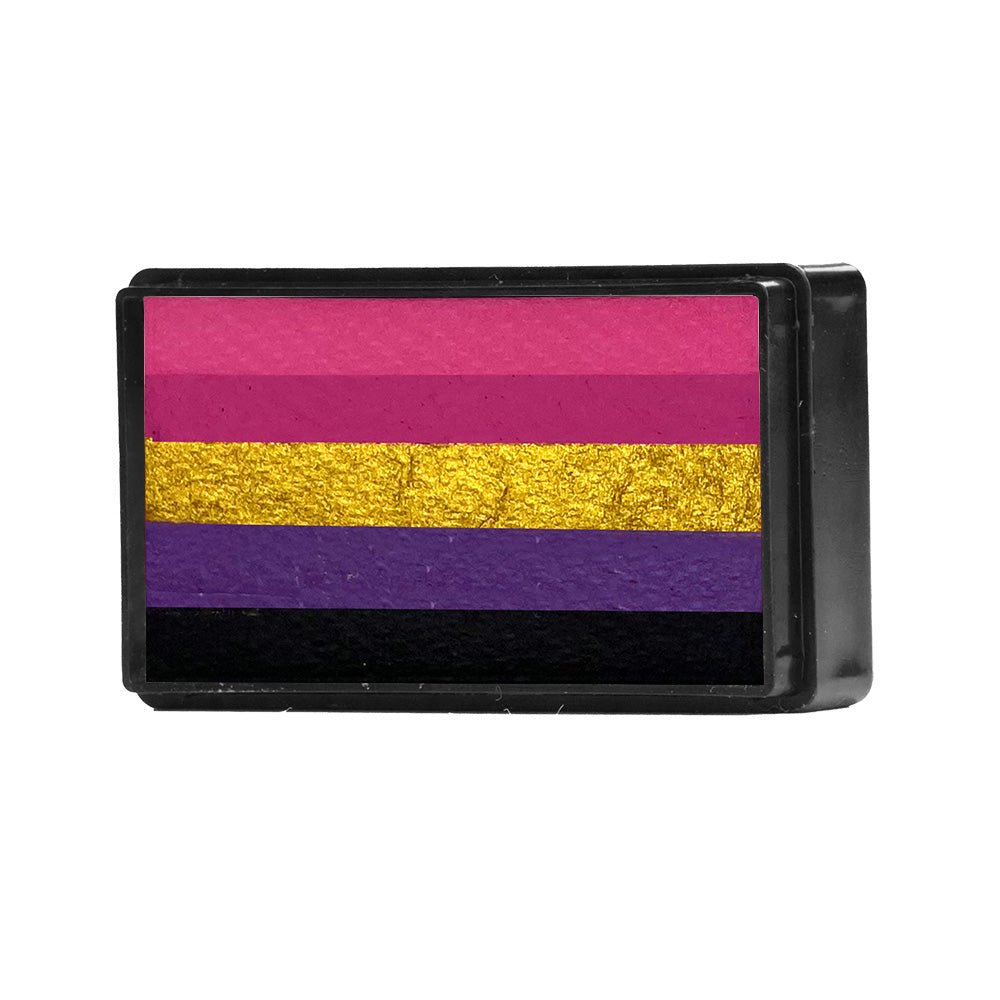 Compact, multi-color face paint cakes for brush application, ideal for vibrant, detailed designs in one stroke.