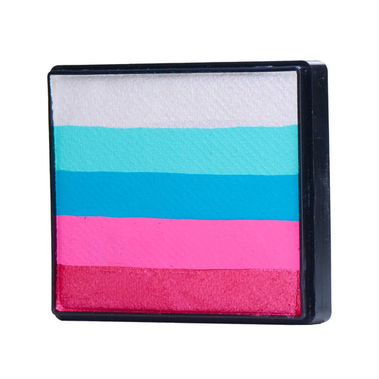 Image of a Rainbow Face Paint Cake featuring a palette of bright colors arranged in stripes. Designed for easy application, this face paint allows artists to create bold, blended, multi-color designs with a single swipe. Ideal for a variety of themes and festive occasions.