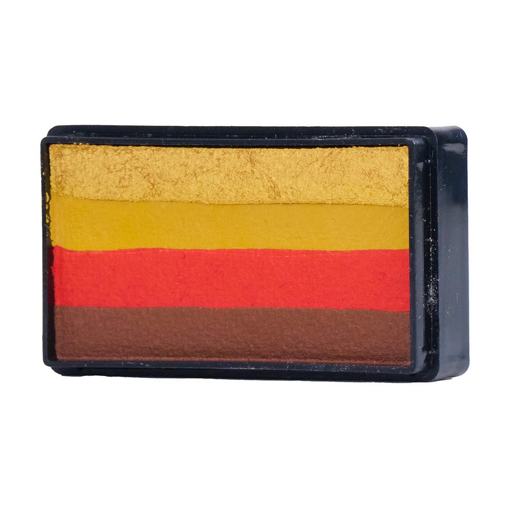 Compact, multi-color face paint cakes for brush application, ideal for vibrant, detailed designs in one stroke.