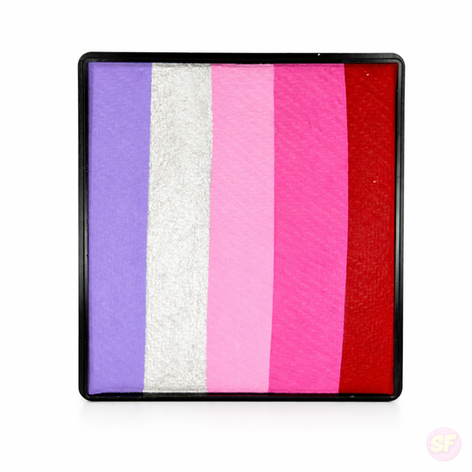 Rainbow Cake Face Paint Color swatch with purple, white, pink, and red stripes on a white background