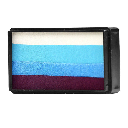 Compact, multi-color face paint cakes for brush application, ideal for vibrant, detailed designs in one stroke.