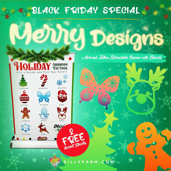 Silly Farm Airbrush Tattoos HOLIDAY Table Banner  12 stencils Set + 2 FREE Accent Stencils