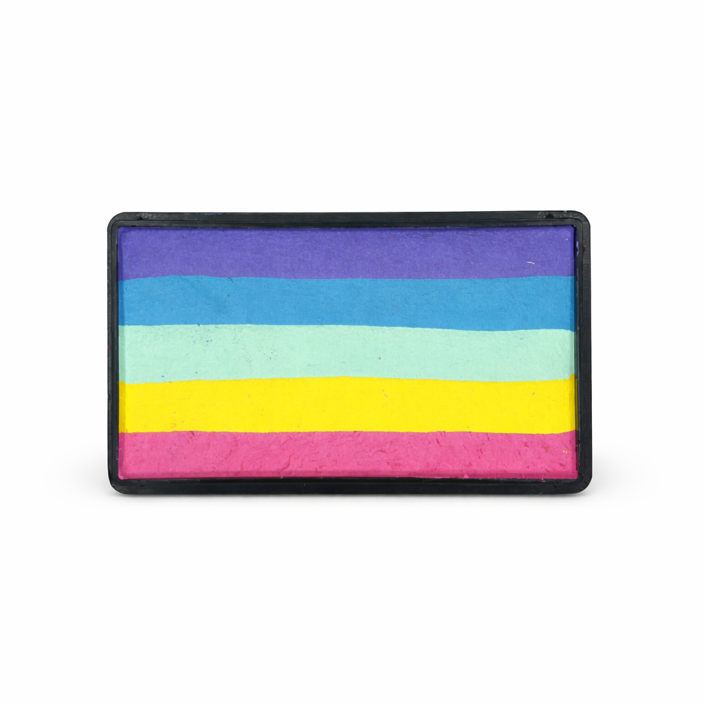 Sweet Tart Arty Cake professional face paint featuring horizontal pastel stripes in purple, blue, mint green, yellow, and pink, displayed on a clean white background.