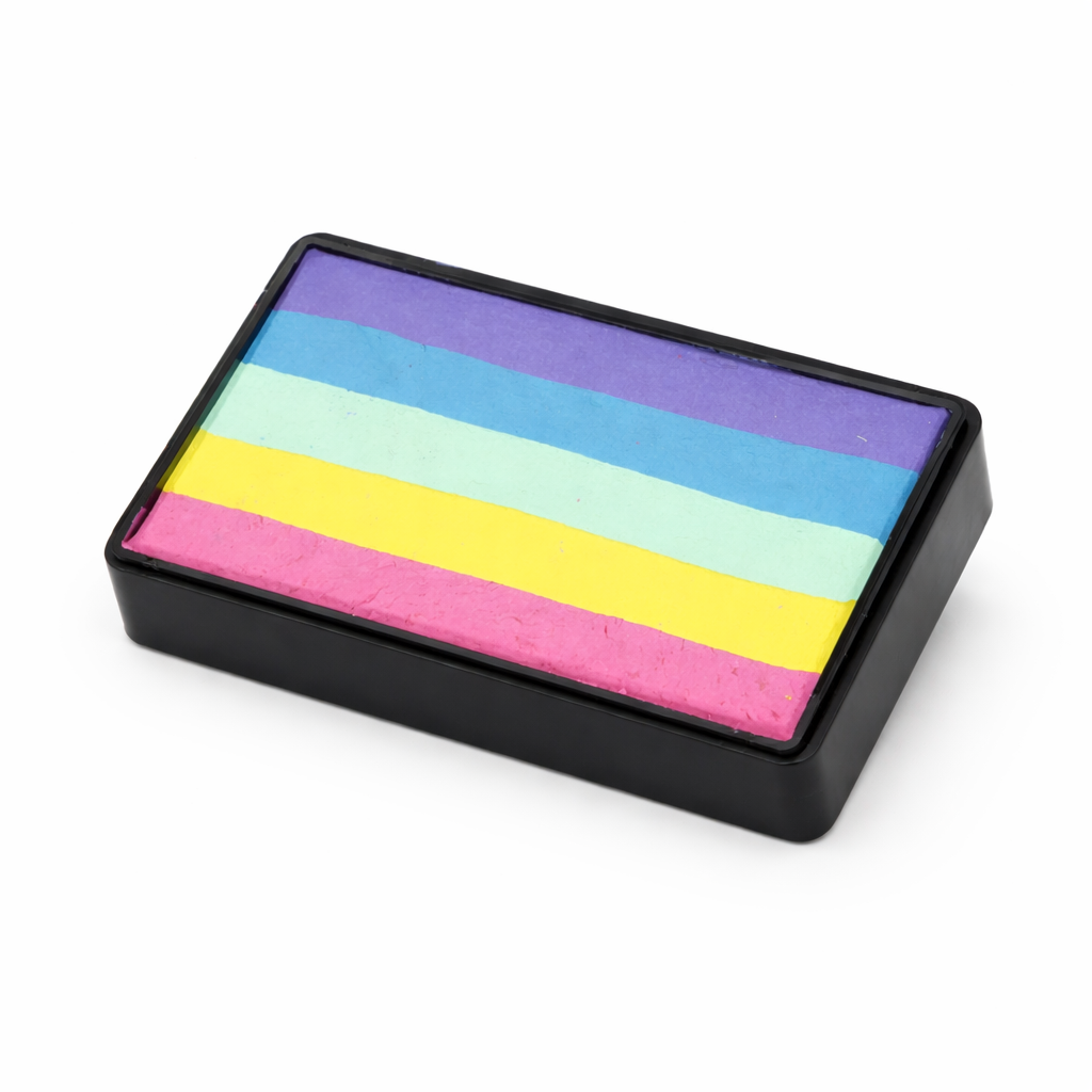 Sweet Tart Arty Cake professional face paint featuring horizontal pastel stripes in purple, blue, mint green, yellow, and pink, displayed on a clean white background.