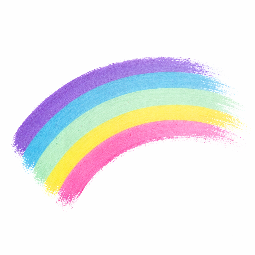 Rainbow-shaped Sweet Tart Arty Cake face paint swatch with blended pastel stripes in purple, blue, mint green, yellow, and pink on a white background.
