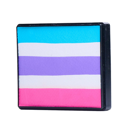 Image of a Rainbow Face Paint Cake featuring a palette of bright colors arranged in stripes. Designed for easy application, this face paint allows artists to create bold, blended, multi-color designs with a single swipe. Ideal for a variety of themes and festive occasions.