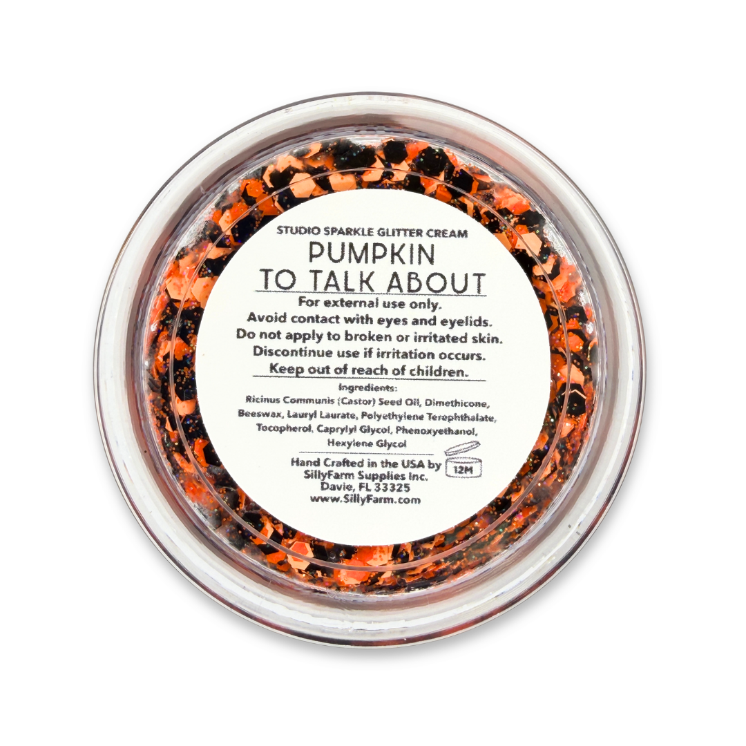 Close-up of Pumpkin to Talk About Glitter Cream with bright orange, black, and holographic glitter.