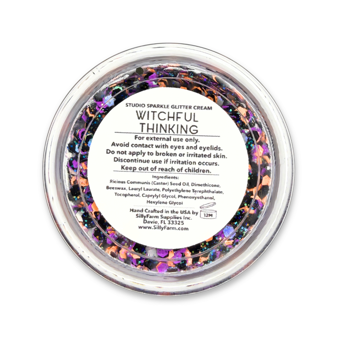 Witchful Thinking Studio Sparkle Glitter Cream 25g jar showing the product label and colorful Halloween glitter mix.