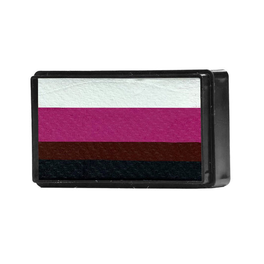 Compact, multi-color face paint cakes for brush application, ideal for vibrant, detailed designs in one stroke.