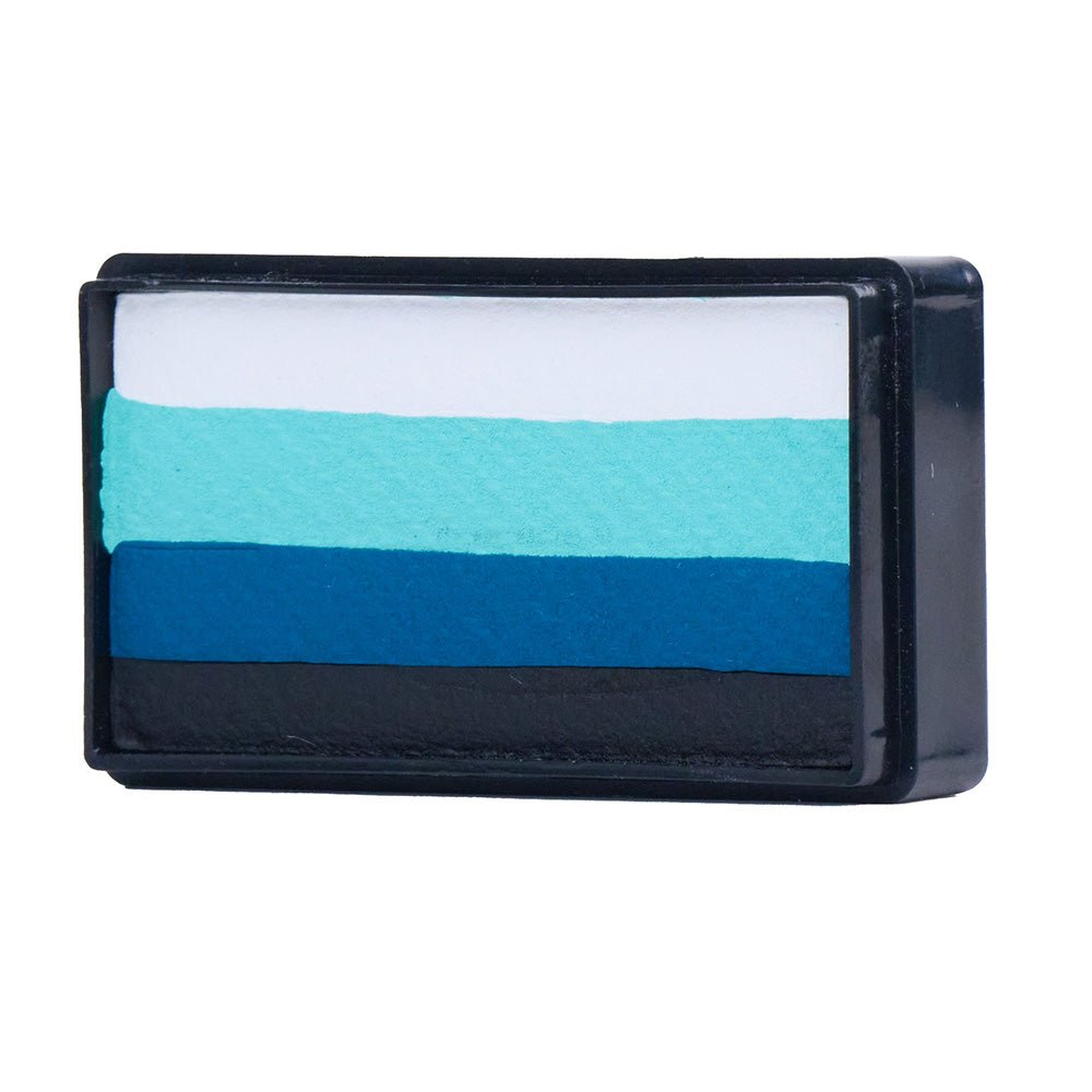 Compact, multi-color face paint cakes for brush application, ideal for vibrant, detailed designs in one stroke.