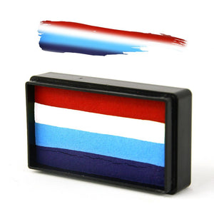 Compact, multi-color face paint cakes for brush application, ideal for vibrant, detailed designs in one stroke.