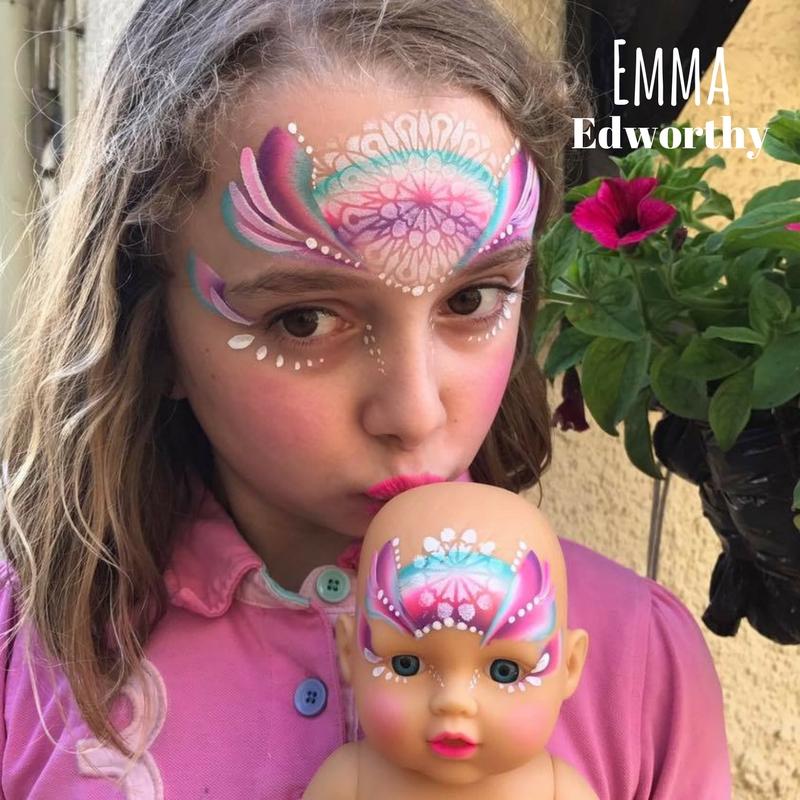 Face paint design using Arty Cakes, showing bold, multi-color effects in one stroke for dynamic face and body art.
