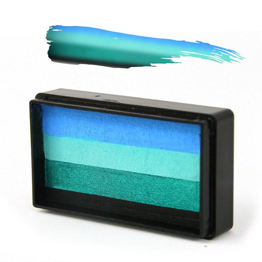 Compact, multi-color face paint cakes for brush application, ideal for vibrant, detailed designs in one stroke.