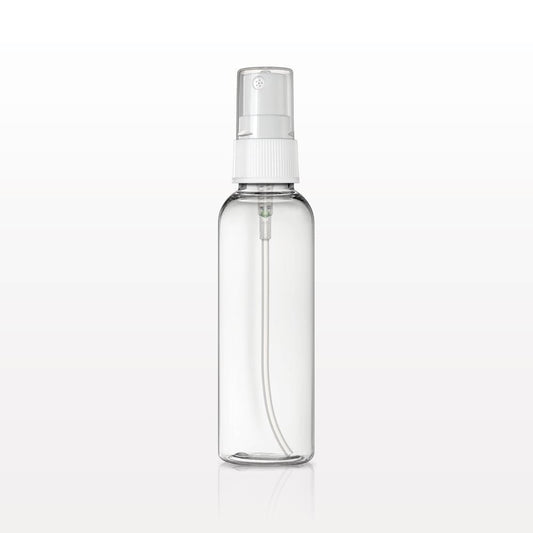 Clear cylindrical 2 oz spray mist bottle with a white spray pump and transparent cap, shown standing upright against a light gray background. The bottle is empty, highlighting the internal spray tube and compact travel-friendly design.