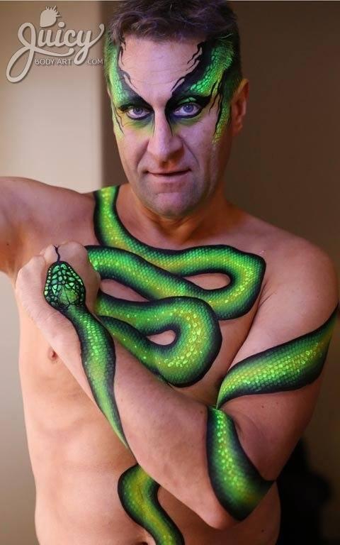 Body paint design using Arty Cakes, showing bold, multi-color effects in one stroke for dynamic face and body art.