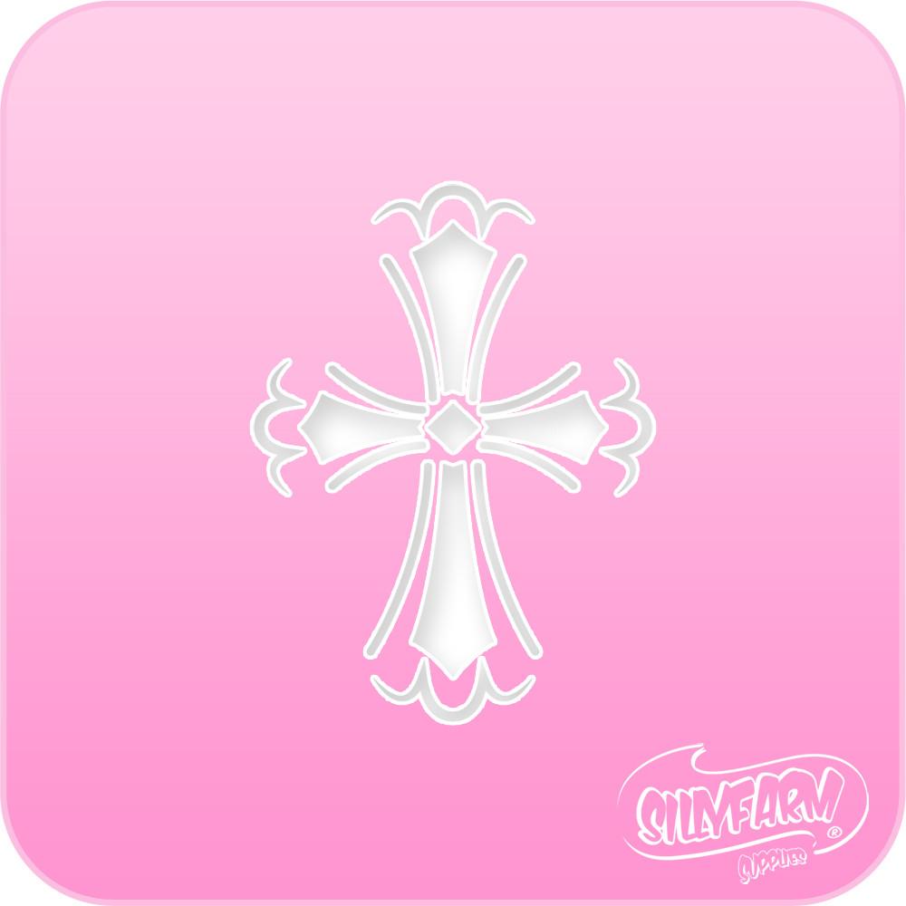 Pink Power stencil featuring an ornate decorative cross with elegant flourishes, cut from hot pink Mylar.