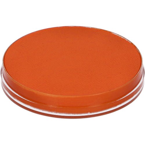 Round plastic container of FAB Bright Orange Shimmer face paint, clear open top with vivid orange paint filling the container