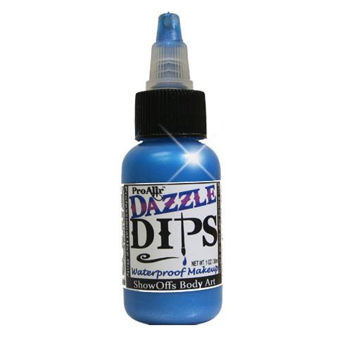 1 oz bottle of ProAiir DAZZLE DIPS Blue water-resistant shimmer face paint for highlights, accents, face painting, and body art.