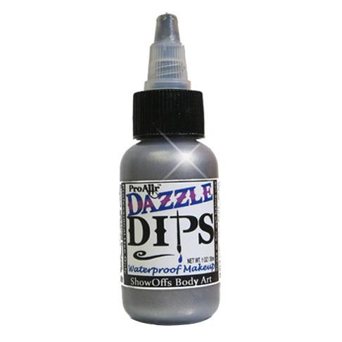 1 oz bottle of ProAiir DAZZLE DIPS Silver water-resistant metallic face paint for highlights, accents, face painting, and body art.