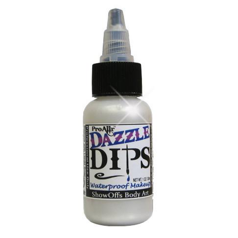 1 oz bottle of ProAiir DAZZLE DIPS White water-resistant shimmer face paint for highlights, accents, face painting, and body art.