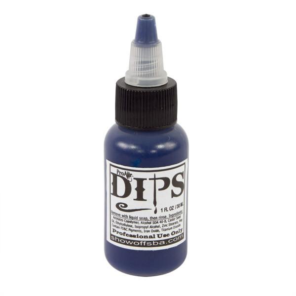 1 oz bottle of ProAiir DIPS Blue water-resistant face paint for face painting, body art, and detailed line work.
