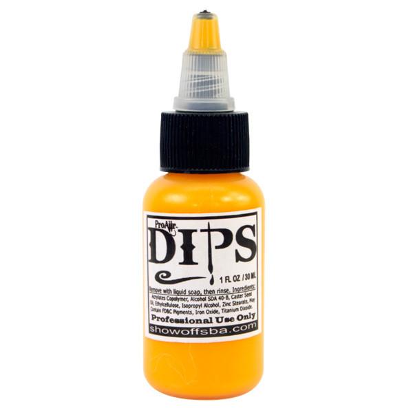 1 oz bottle of ProAiir DIPS Yellow water-resistant face paint for face painting, body art, and detailed line work.