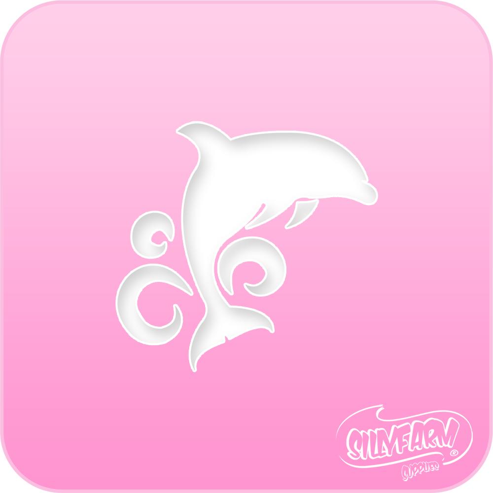 Hot pink reusable stencil featuring a jumping dolphin surrounded by decorative wave swirls for face painting, body art, and airbrush applications.