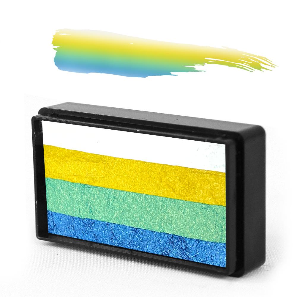 Compact, multi-color face paint cakes for brush application, ideal for vibrant, detailed designs in one stroke.