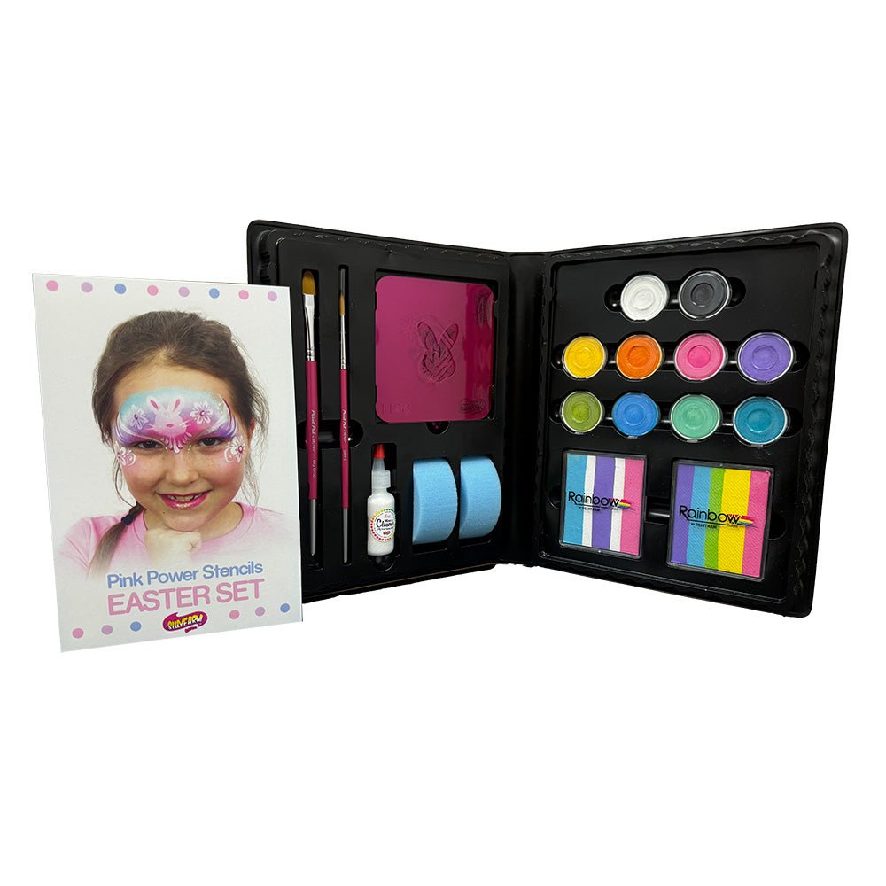 Deluxe FACEfun Kit – ideal for quick, vibrant face painting at events. Includes rainbow cakes, FAB paints, stencils, brushes, sponges, and glitter in a portable case. Enough for 1,000+ faces!