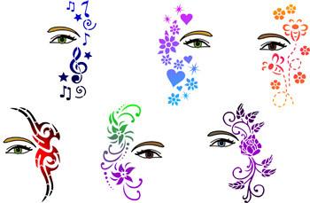 EyeSplash Trendy Tribal Stencil Mini Set 3 featuring decorative eye-corner designs with flowers, hearts, music notes, swirls, and tribal accents for face painting.