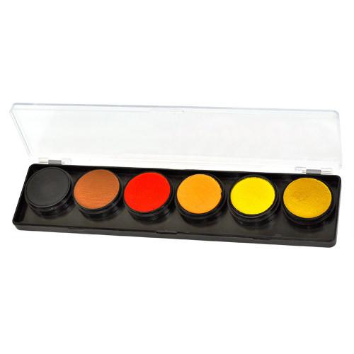 FAB 6-color face paint palette with smooth, creamy, water-based paint ideal for detailed designs. Dries quickly to prevent cracks and smears. Comes with a clear cover for protection