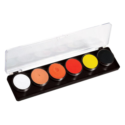 FAB 6-color face paint palette with smooth, creamy, water-based paint ideal for detailed designs. Dries quickly to prevent cracks and smears. Comes with a clear cover for protection