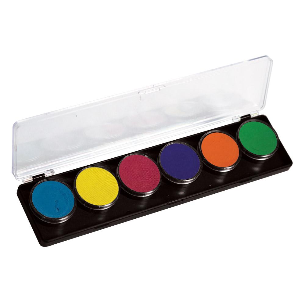 FAB 6-color face paint palette with smooth, creamy, water-based paint ideal for detailed designs. Dries quickly to prevent cracks and smears. Comes with a clear cover for protection