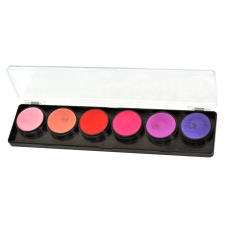 FAB 6-color face paint palette with smooth, creamy, water-based paint ideal for detailed designs. Dries quickly to prevent cracks and smears. Comes with a clear cover for protection