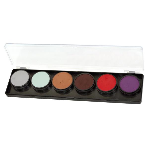 FAB 6-color face paint palette with smooth, creamy, water-based paint ideal for detailed designs. Dries quickly to prevent cracks and smears. Comes with a clear cover for protection