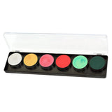FAB 6-color face paint palette with smooth, creamy, water-based paint ideal for detailed designs. Dries quickly to prevent cracks and smears. Comes with a clear cover for protection