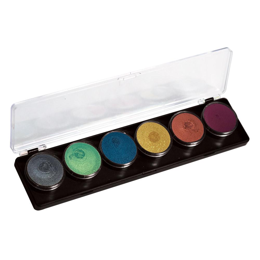 FAB 6-color face paint palette with smooth, creamy, water-based paint ideal for detailed designs. Dries quickly to prevent cracks and smears. Comes with a clear cover for protection