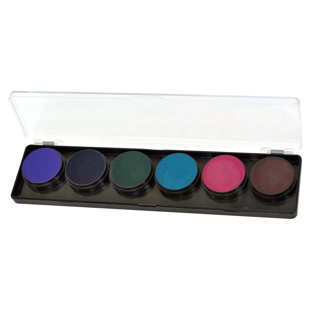 FAB 6-color face paint palette with smooth, creamy, water-based paint ideal for detailed designs. Dries quickly to prevent cracks and smears. Comes with a clear cover for protection