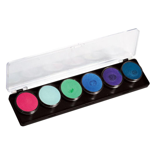 FAB 6-color face paint palette with smooth, creamy, water-based paint ideal for detailed designs. Dries quickly to prevent cracks and smears. Comes with a clear cover for protection
