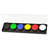 FAB 6-color face paint palette with smooth, creamy, water-based paint ideal for detailed designs. Dries quickly to prevent cracks and smears. Comes with a clear cover for protection