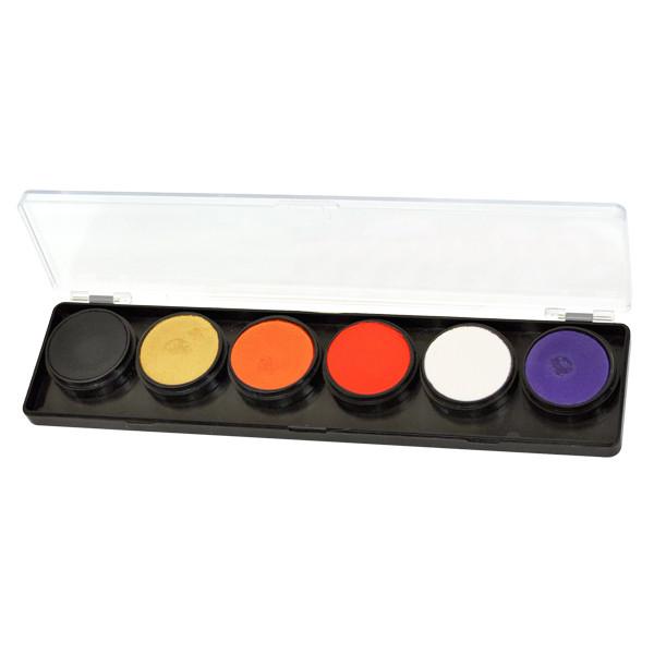 FAB 6-color face paint palette with smooth, creamy, water-based paint ideal for detailed designs. Dries quickly to prevent cracks and smears. Comes with a clear cover for protection